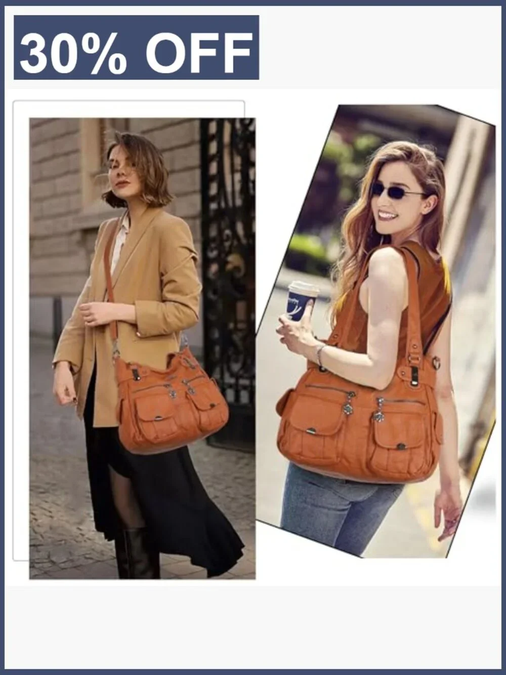 Washed Leather Hobo Shoulder Bag Large Double Zipper Multi Pocket Crossbody